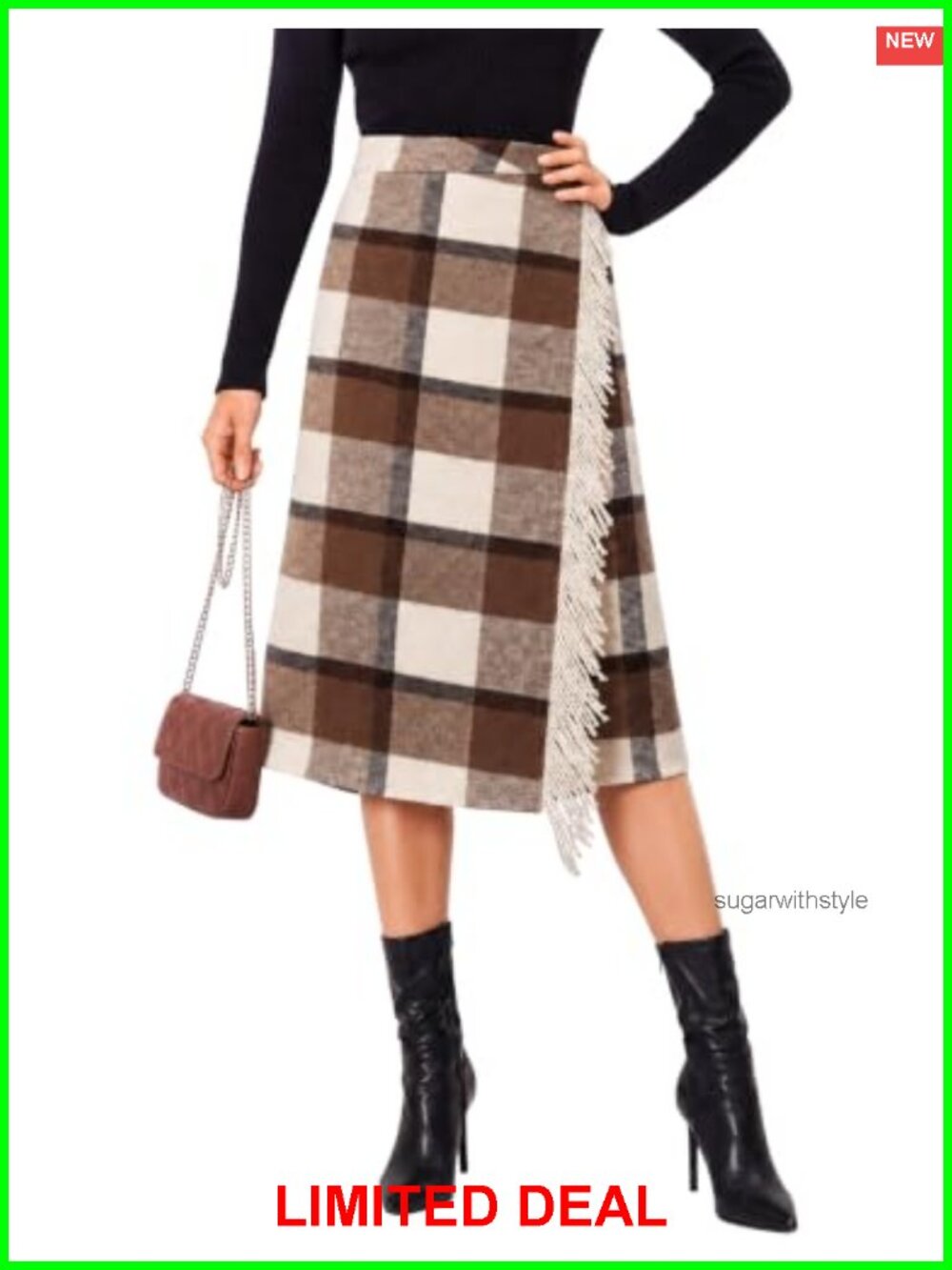 Plaid Wrap Midi Skirt A-Line Fringe Wool Blend